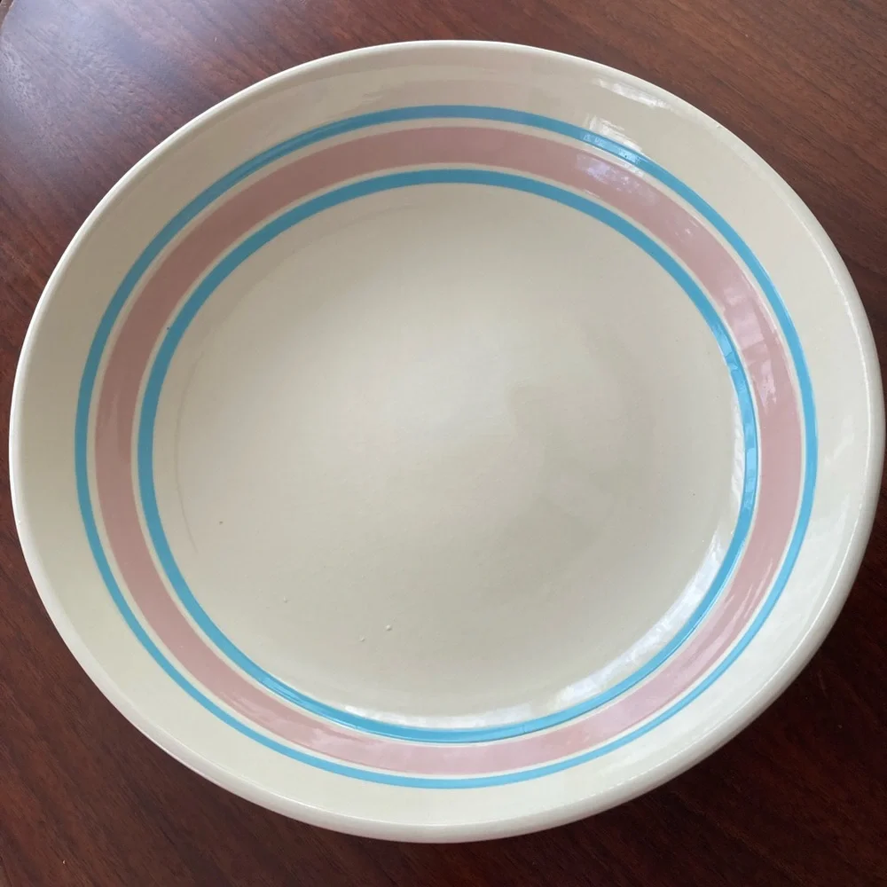 Vintage McCoy Cream, Pink and Blue Striped Serving Bowl - Picture 2 of 6